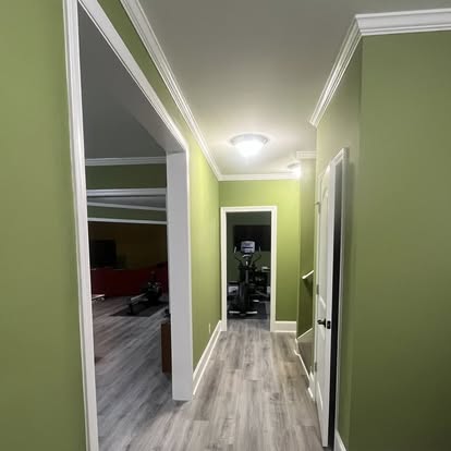Green hallway in finished basement