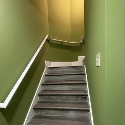 Basement stairs with green walls and white handrail