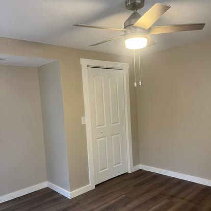 Basement bedroom with closet and ceiling fan